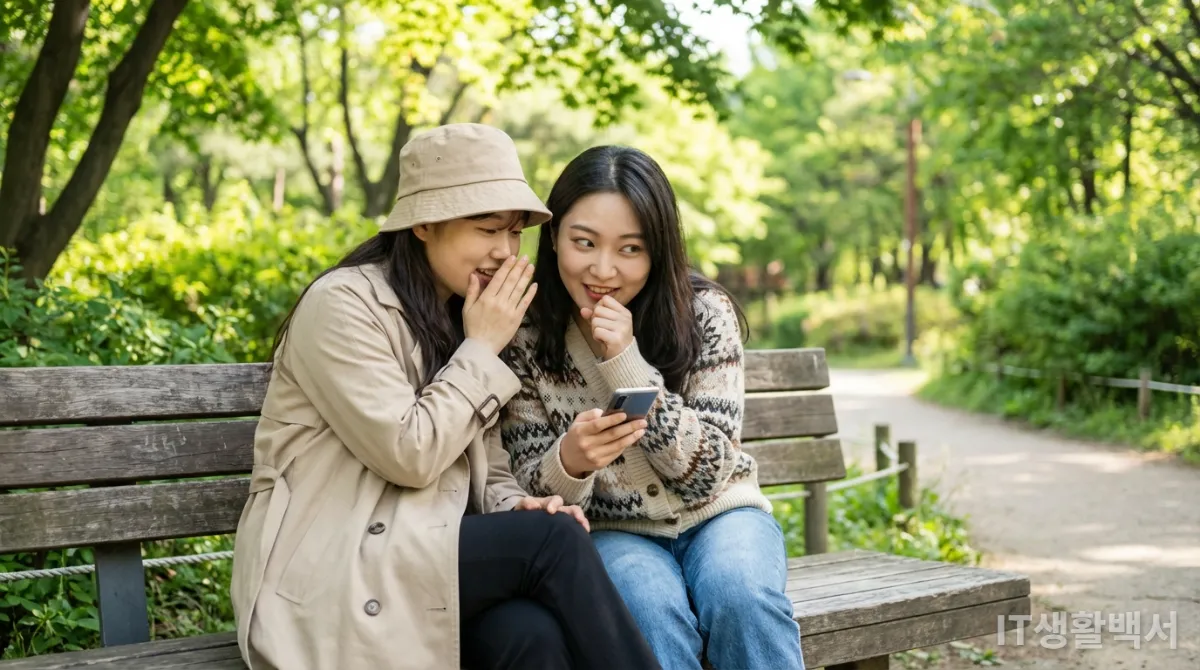 Z세대 여성 두 명이 공원에서 스마트폰으로 비공개 채널에서 대화하는 모습