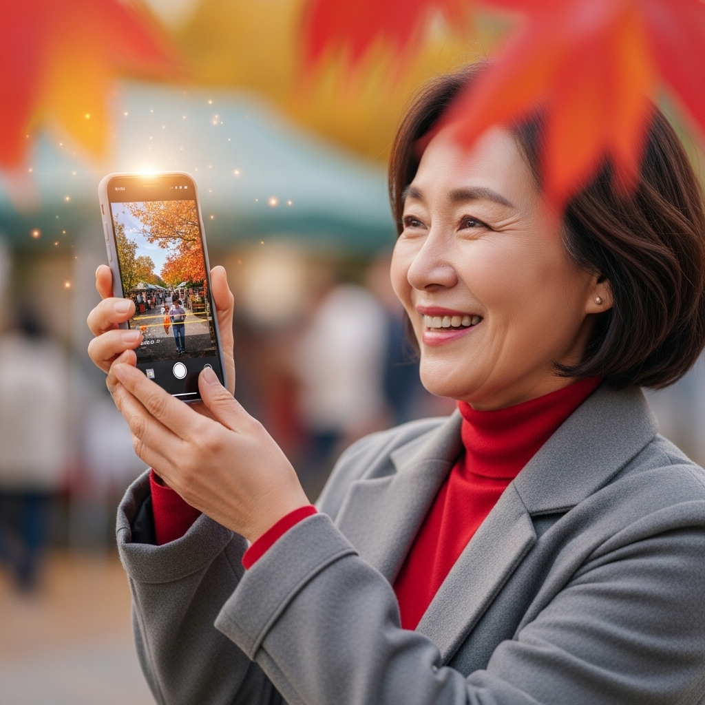 환하게 웃는 중년 여성이 스마트폰으로 활기찬 숏폼 영상을 촬영하는 모습. 가을 단풍이 아름다운 공원에서 휴대폰을 수직으로 들고 촬영하며, 화면에는 편집된 영상이 재생되고 있다. 현대적인 기술과 중년의 활기찬 삶을 강조한다.