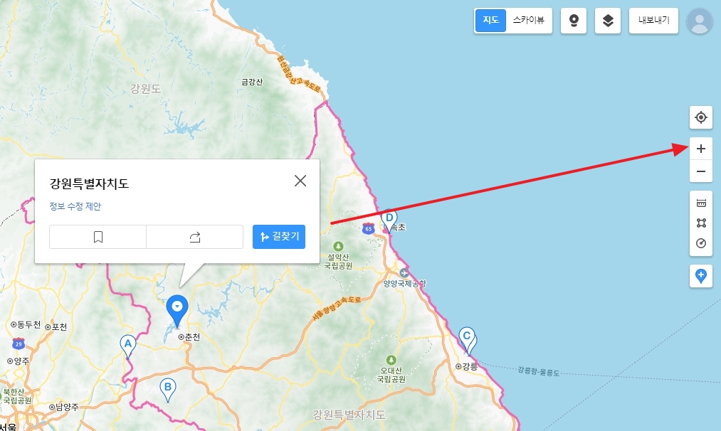 확대된 강원도 지도와 위성지도 보기 옵션