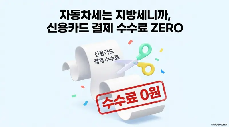 자동차세 연납: 자동차세는 지방세니까 신용카드 결제 수수료 제로라는 문구가 포함된 자동차세 연납 카드 납부 안내 이미지. 신용카드 결제 수수료 영수증을 가위로 자르고 수수료 0원 도장이 찍혀 있어 자동차세 연납 카드 납부 시 수수료가 없다는 점을 시각적으로 강조한다