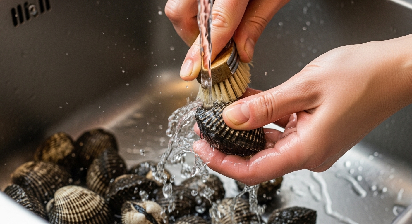 흐르는 물에 솔로 꼬막 껍데기를 꼼꼼히 문질러 씻는 손의 클로즈업 이미지.