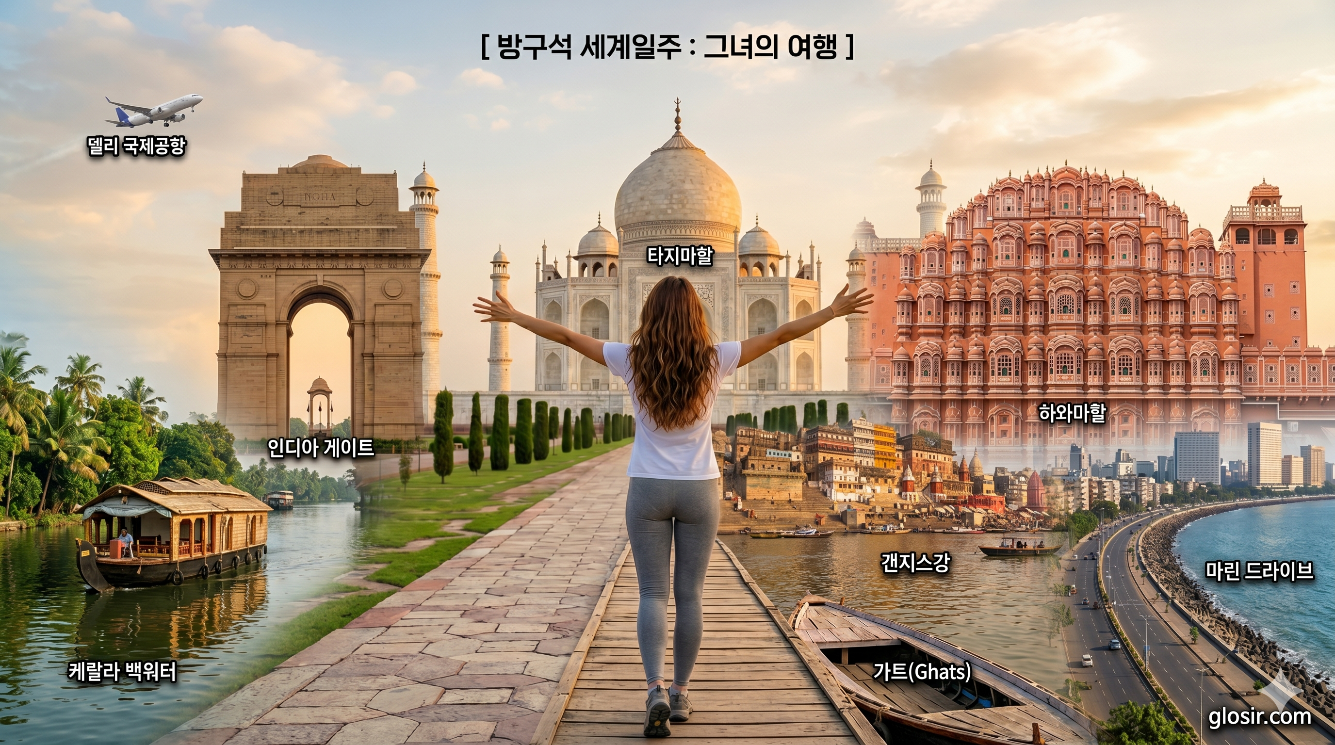 인도 7개 핵심 명소 파노라마 배경을 향해 걸어가는 한국 여성의 뒷모습. [방구석 세계일주 그녀의여행] 브랜딩과 glosir.com URL 명시. 타지마할, 갠지스강, 하와마할 등 명소 이름 표시.