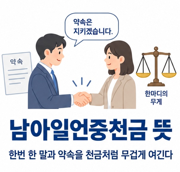남아일언중천금 뜻과 약속의 무게를 천금에 비유한 의미를 보여주는 교육용 이미지