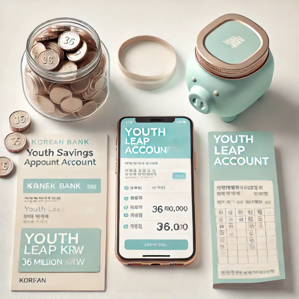 하얀 배경 위에 정리된 청년도약계좌 신청서, 저축 앱이 켜진 스마트폰, 3,600만원 표시된 저금통, 홍보 브로셔의 전문 스튜디오 촬영 사진