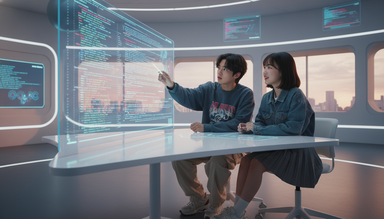 구미시 AI 학습 지원 프로그램에 참여하여 코딩과 데이터 분석을 배우는 한국 청소년들.