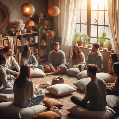 다양한 사람들이 편안한 분위기에서 명상하는 방