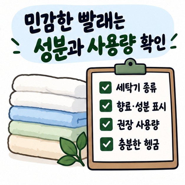 민감한 피부와 아기옷 세제를 고를 때 세탁기 종류, 향료, 사용량, 충분한 헹굼을 확인하는 체크리스트 카드