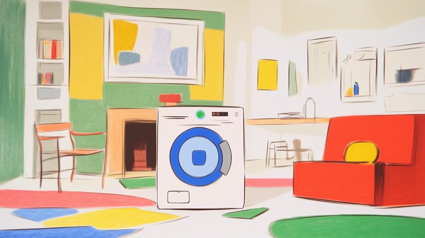 미래형 스마트 홈에서 AI 기반의 사이클 조정을 수행하는 삼성 세탁기의 애니메이션 장면으로 혁신적 기술의 활용이 돋보이는 모습