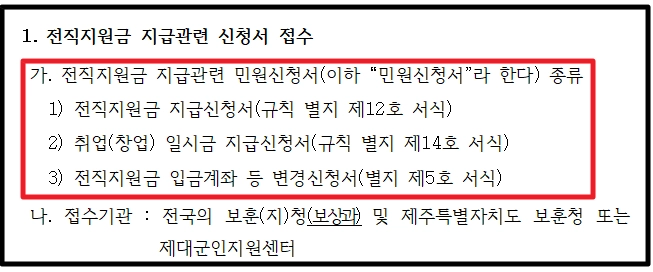 제대군인전직지원금 신청방법,필요서류,조건확인