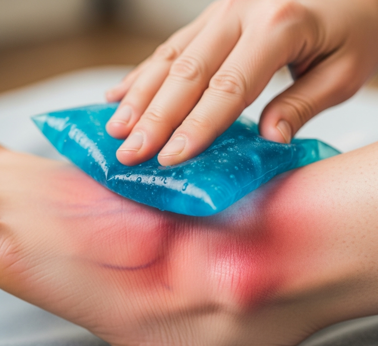 삐끗한 발목에 얼음찜질 팩을 대고 있는 사람의 손. 냉찜질의 효과를 시각적으로 보여줍니다.