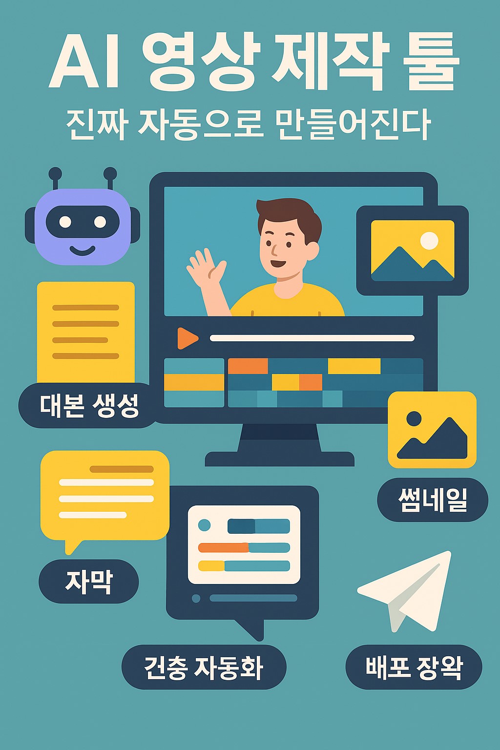AI 영상 제작 툴 인포그래픽: 자동 편집, 대본 생성, 자막, 썸네일, 배포 자동화 흐름 요약