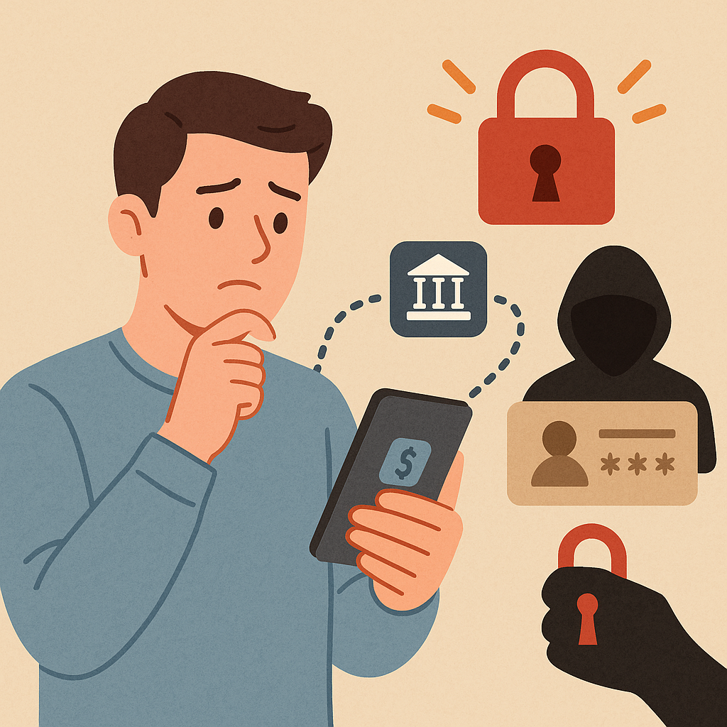 스마트폰으로-핀테크-계좌-연결을-하는-남성이-개인정보-유출과-보안-위험을-걱정하는-장면으로-계좌-편리성과-동시에-보안의-중요성을-강조한-이미지