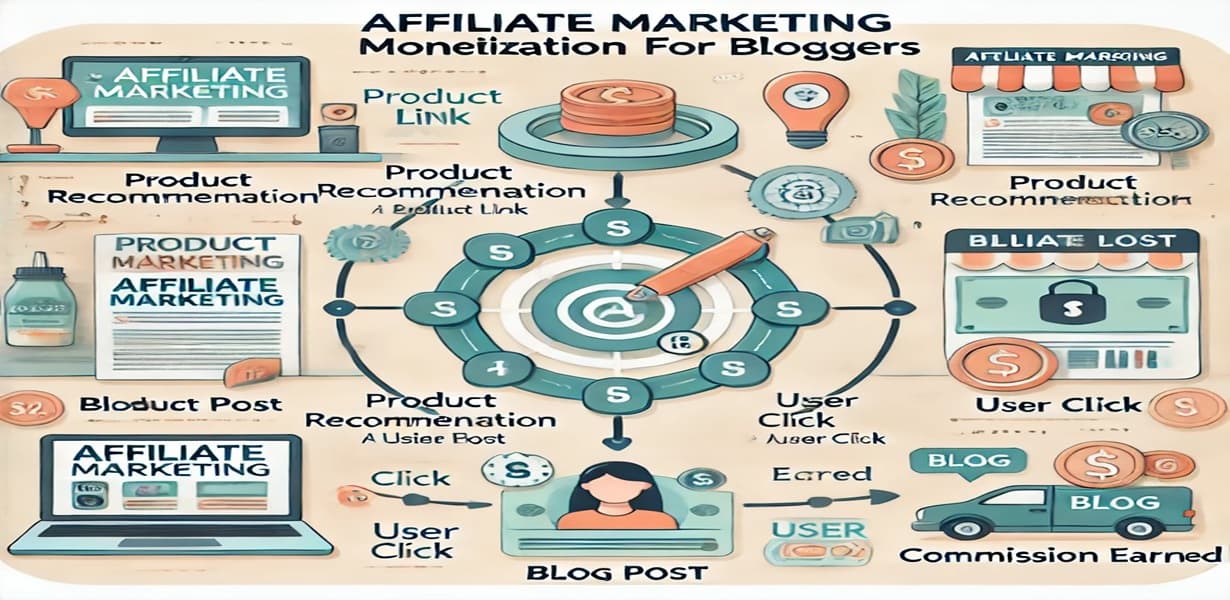 블로그 포스트를 통한 제휴마케팅 수익 구조를 보여주는 단계별 일러스트