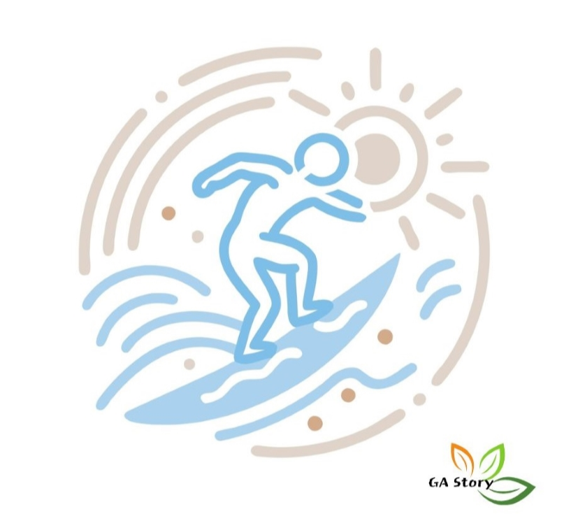 60대 70대 새로운 시작을 상징하는 서핑하는 사람 일러스트, 나이 핑계 대신 도전하는 모습 via canva