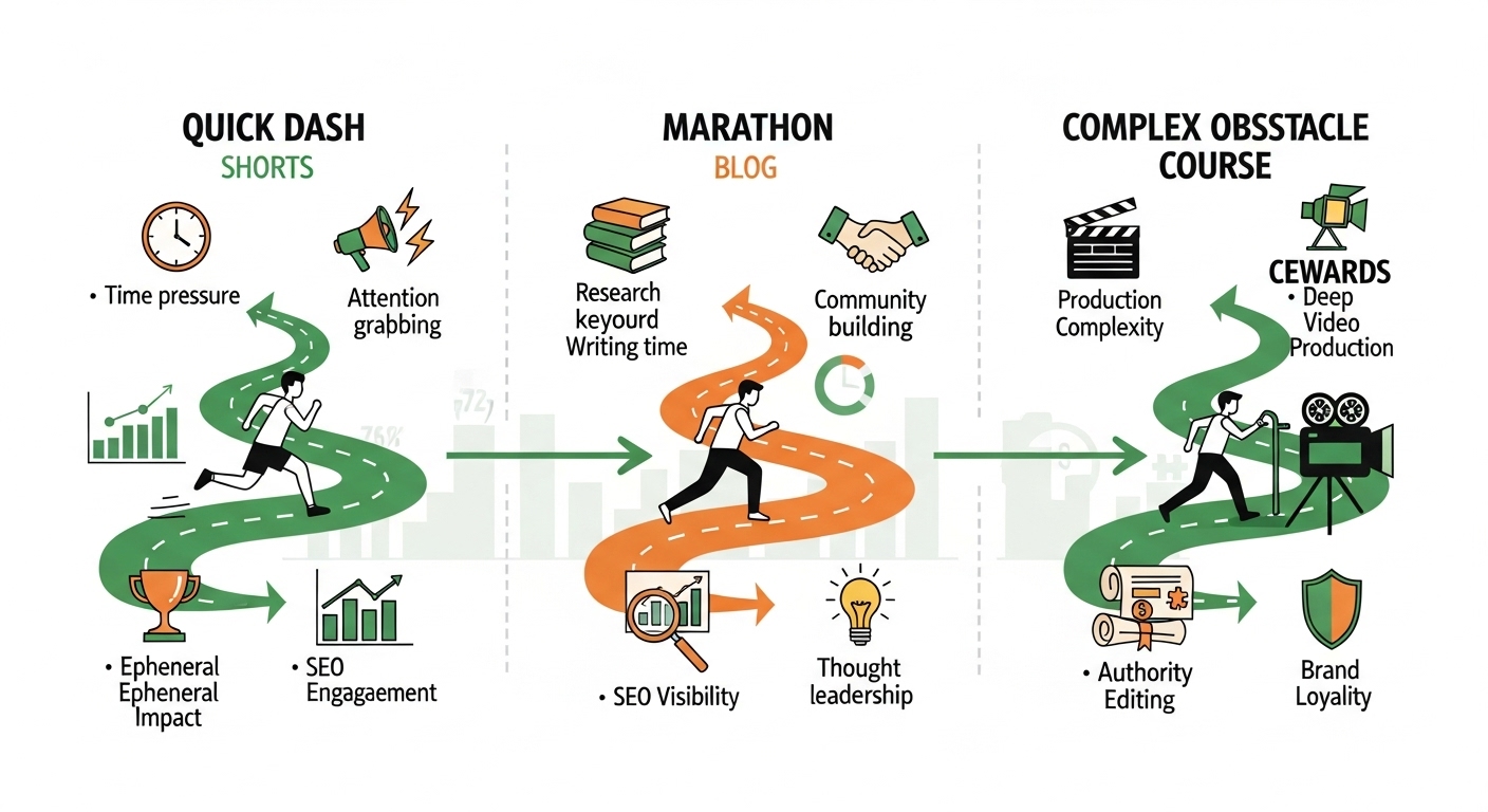 쇼츠, 블로그, 롱폼 콘텐츠 제작의 속도, 복잡성, 장기적 보상을 비교 분석하는 균형 잡힌 인포그래픽.