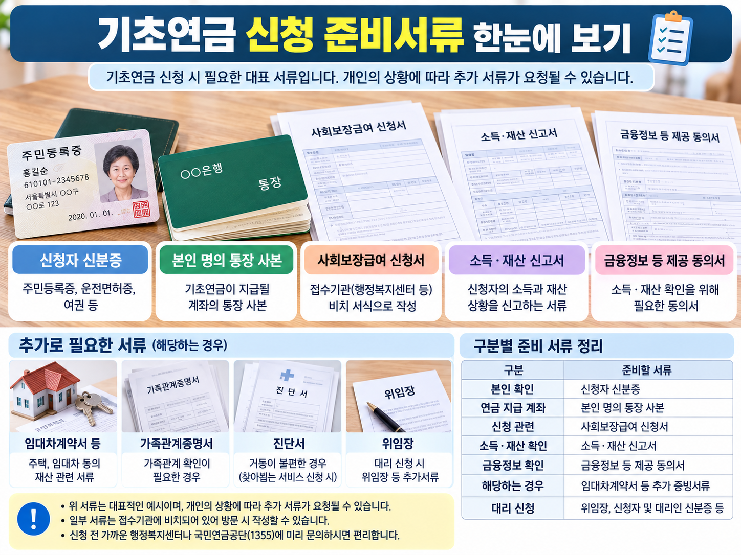 기초연금 신청에 필요한 신분증&middot;통장&middot;서류를 정리한 인포그래픽