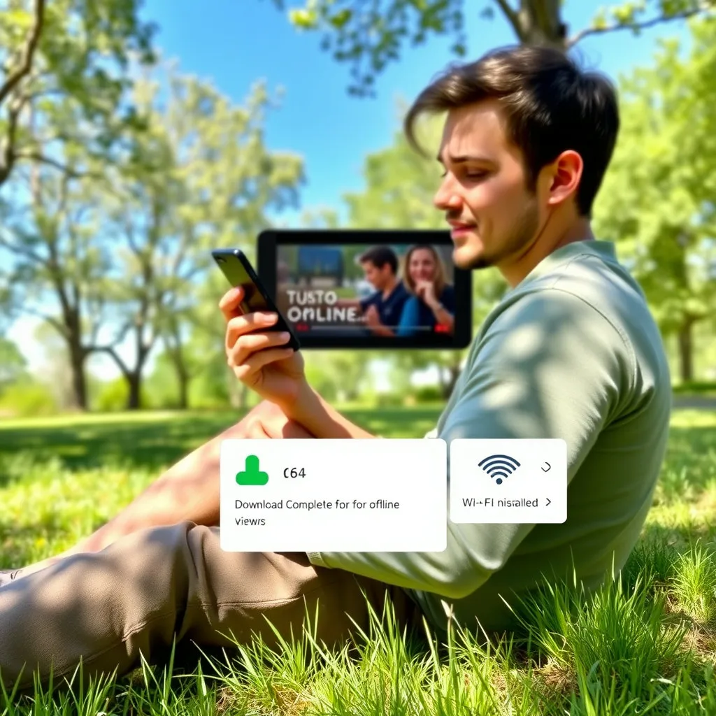 비행기, 지하철, 또는 와이파이가 없는 야외 공간에서 스마트폰이나 태블릿으로 미리 저장해 둔 유튜브 영상을 즐겁게 시청하는 사람의 모습을 담습니다. 기기 화면에는 다운로드 완료 표시나 와이파이 비활성화 아이콘이 보이면 좋습니다.