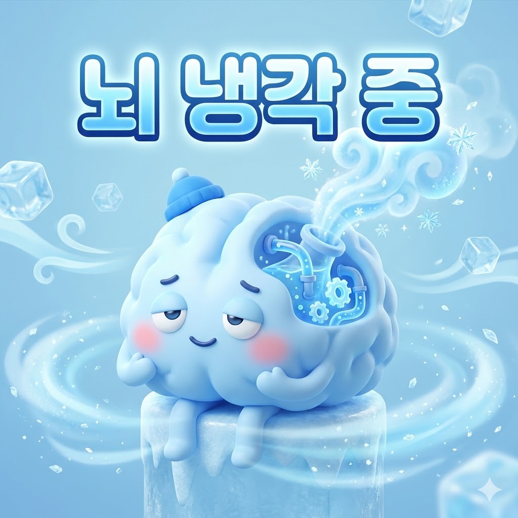 피곤해 보이지만 시원한 공기를 내뿜으며 뇌 온도를 조절하는 귀여운 뇌 캐릭터