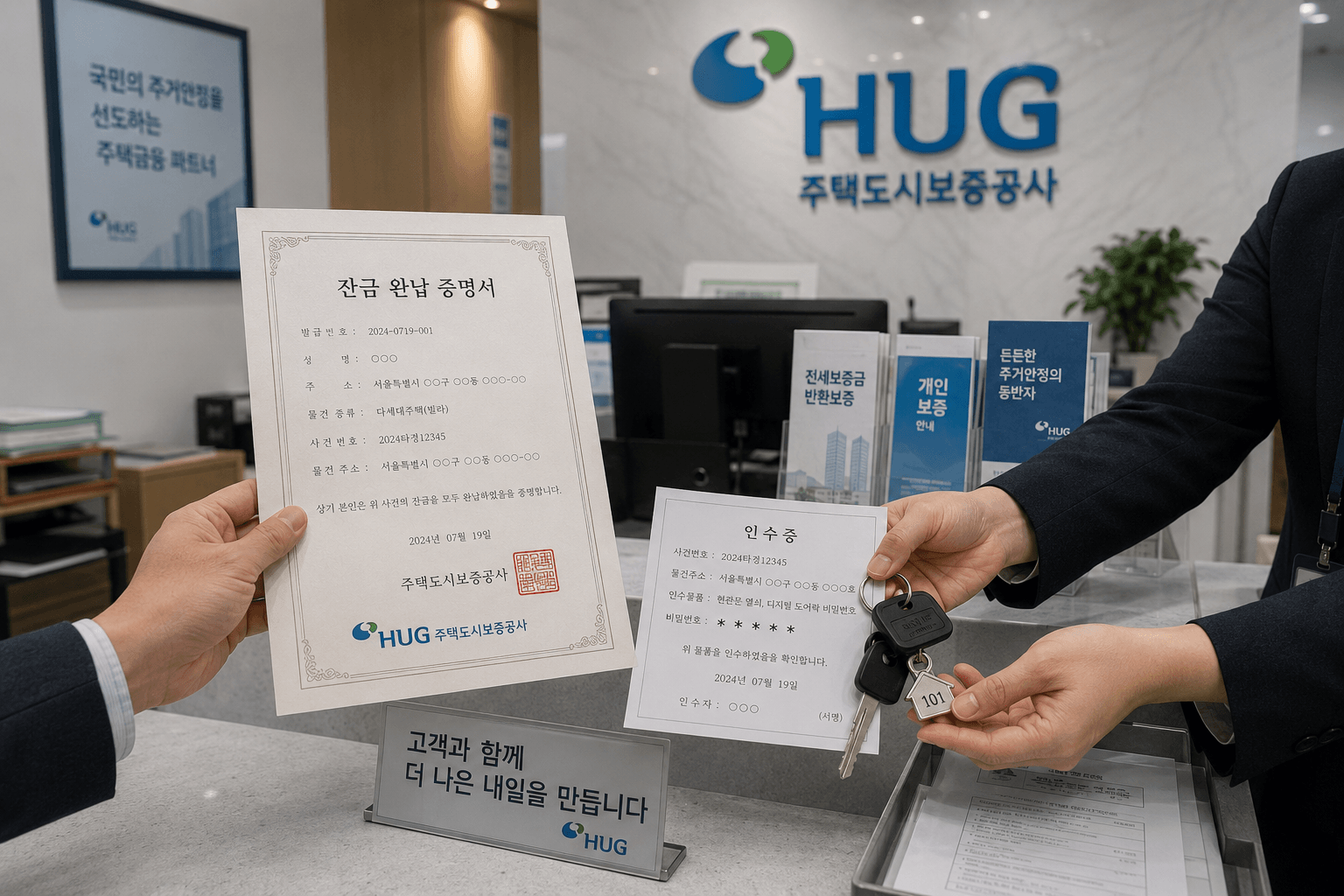 잔금 완납 증명서 서류를 지참하고 주택도시보증공사 지사를 방문하여 담당 직원으로부터 명도 완료된 빌라의 현관문 열쇠와 디지털 도어락 비밀번호가 적힌 인수증을 건네받는 모습