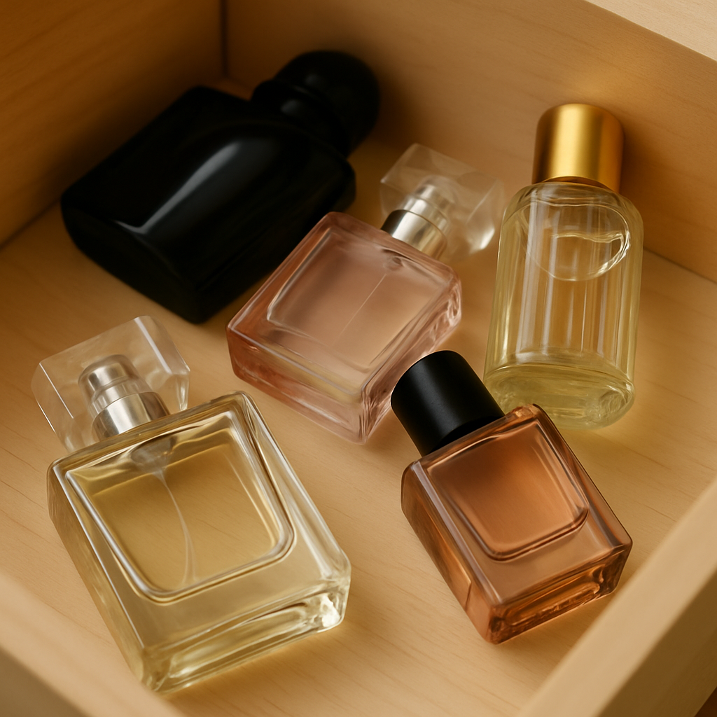 서랍 속에 다양한 디자인과 색상의 향수병 다섯 개가 가지런히 놓여 있는 모습