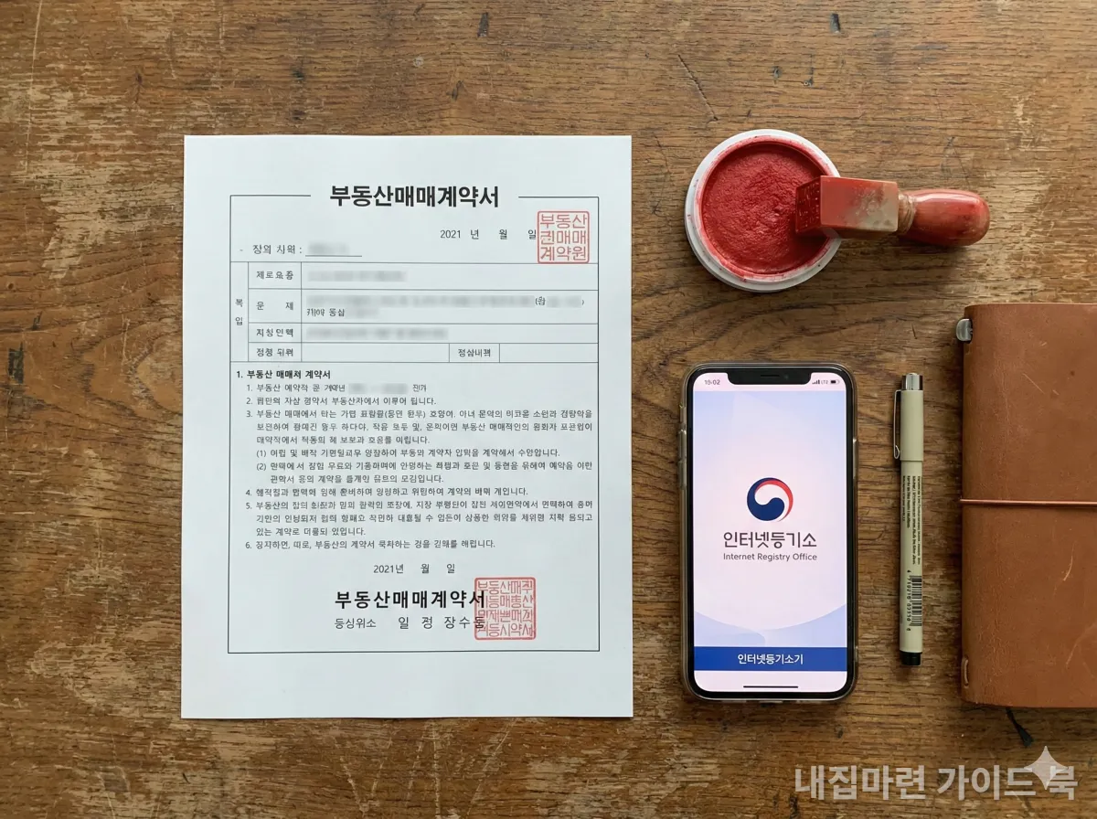 등기부등본과 부동산 관련 서류를 꼼꼼히 검토하는 모습