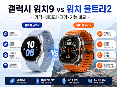 갤럭시 워치9과 워치 울트라2의 가격&middot;배터리&middot;크기&middot;기능 차이를 비교한 대표 이미지