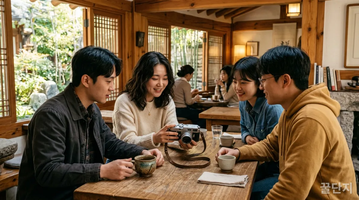 젊은 한국인들이 전통 스타일 카페에서 빈티지 필름 카메라를 감상하며 근본이즘 소비를 논의하는 모습