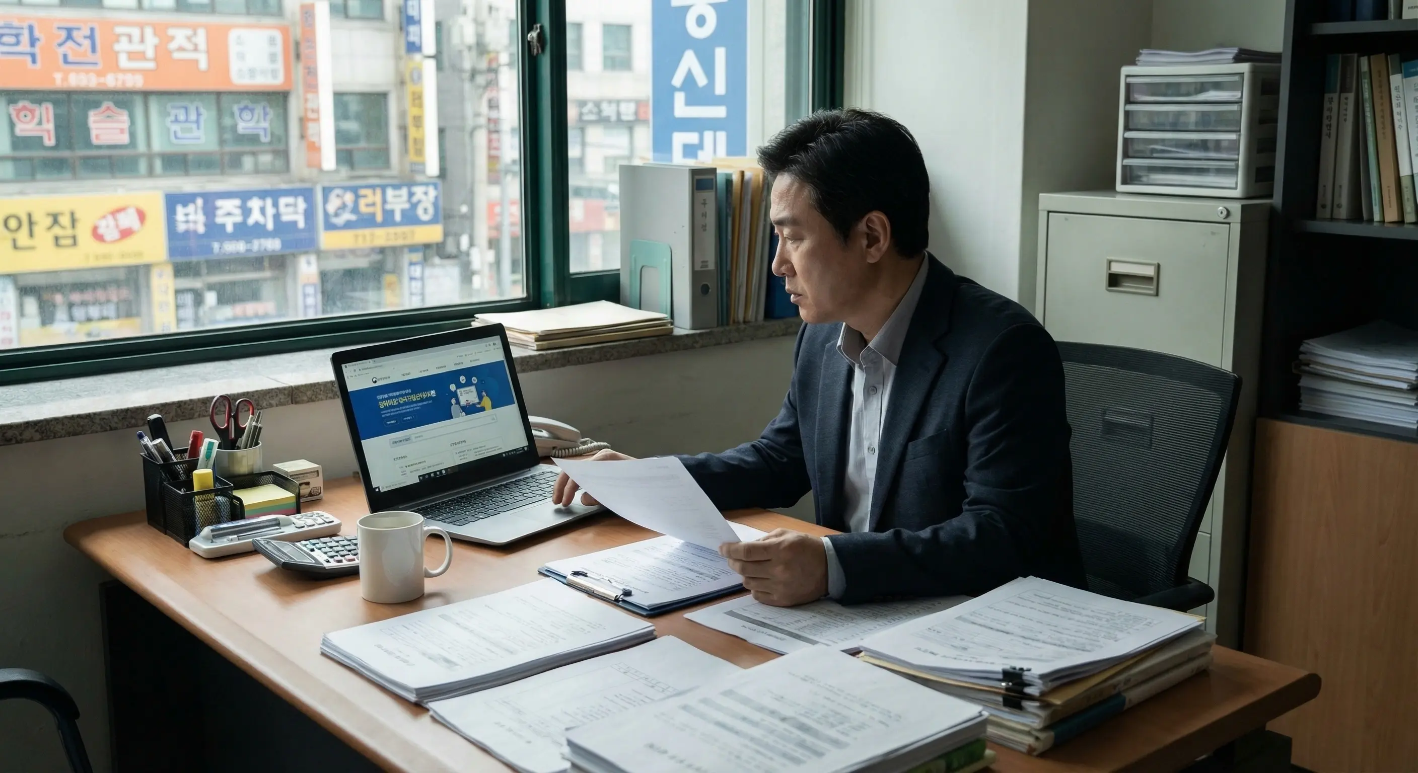 자영업자가 노트북으로 정책자금 신청 절차를 확인하는 이미지