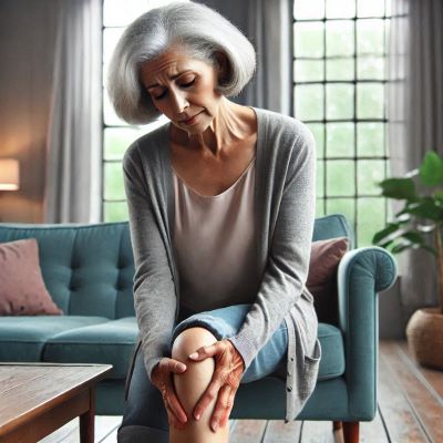 무릎 통증으로 무릎을 만지고 있다.