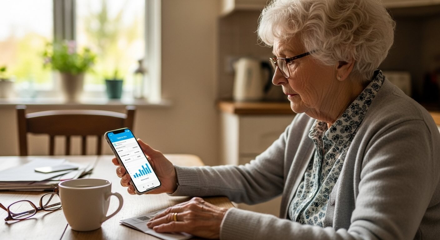모바일 앱으로 수도요금 내역을 조회 중인 고령 여성