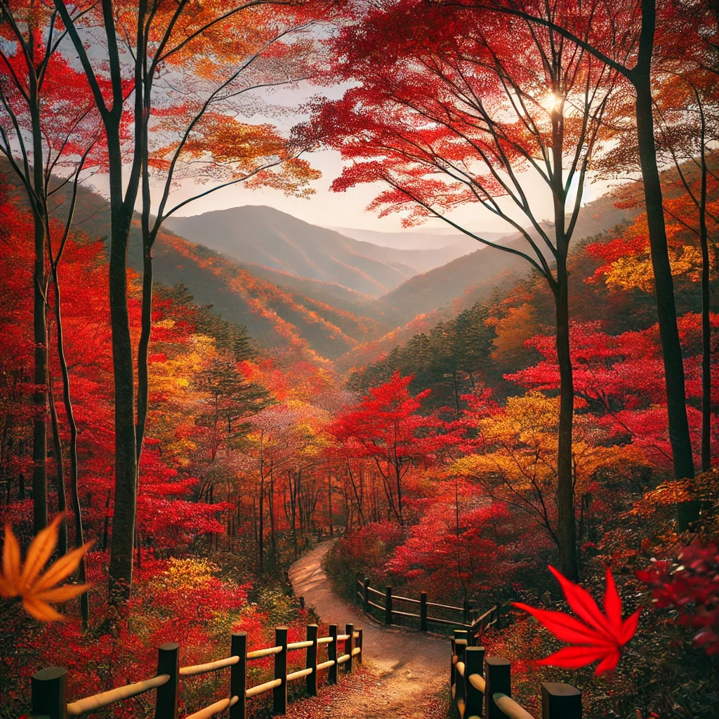 단풍이 든 나무 사이에 산책길이 나있는 모습