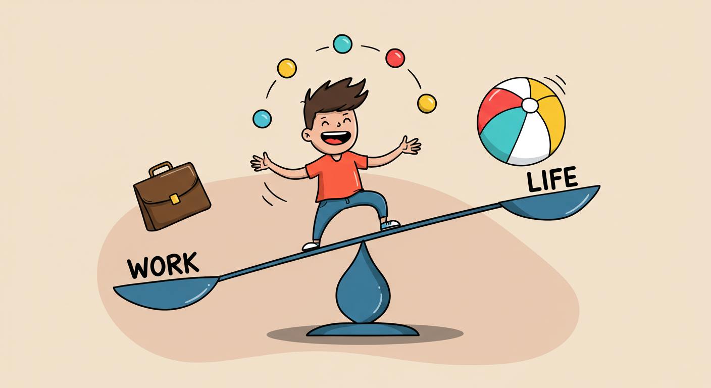 한쪽엔 ‘일’, 다른 쪽엔 ‘삶’이 올라간 저울을 웃으며 juggling하는 MZ세대 캐릭터 일러스트 : MZ세대 가치관 변화, 기성세대와 MZ세대 차이, 요즘 젊은 세대 특징