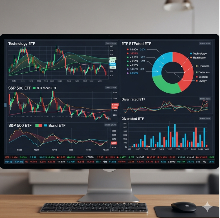 컴퓨터 모니터에 다양한 ETF의 주가 그래프와 투자 지표가 표시되어 있다. 여러 종류의 차트가 한눈에 비교되는 모습으로 복잡한 금융 데이터를 시각화한다
