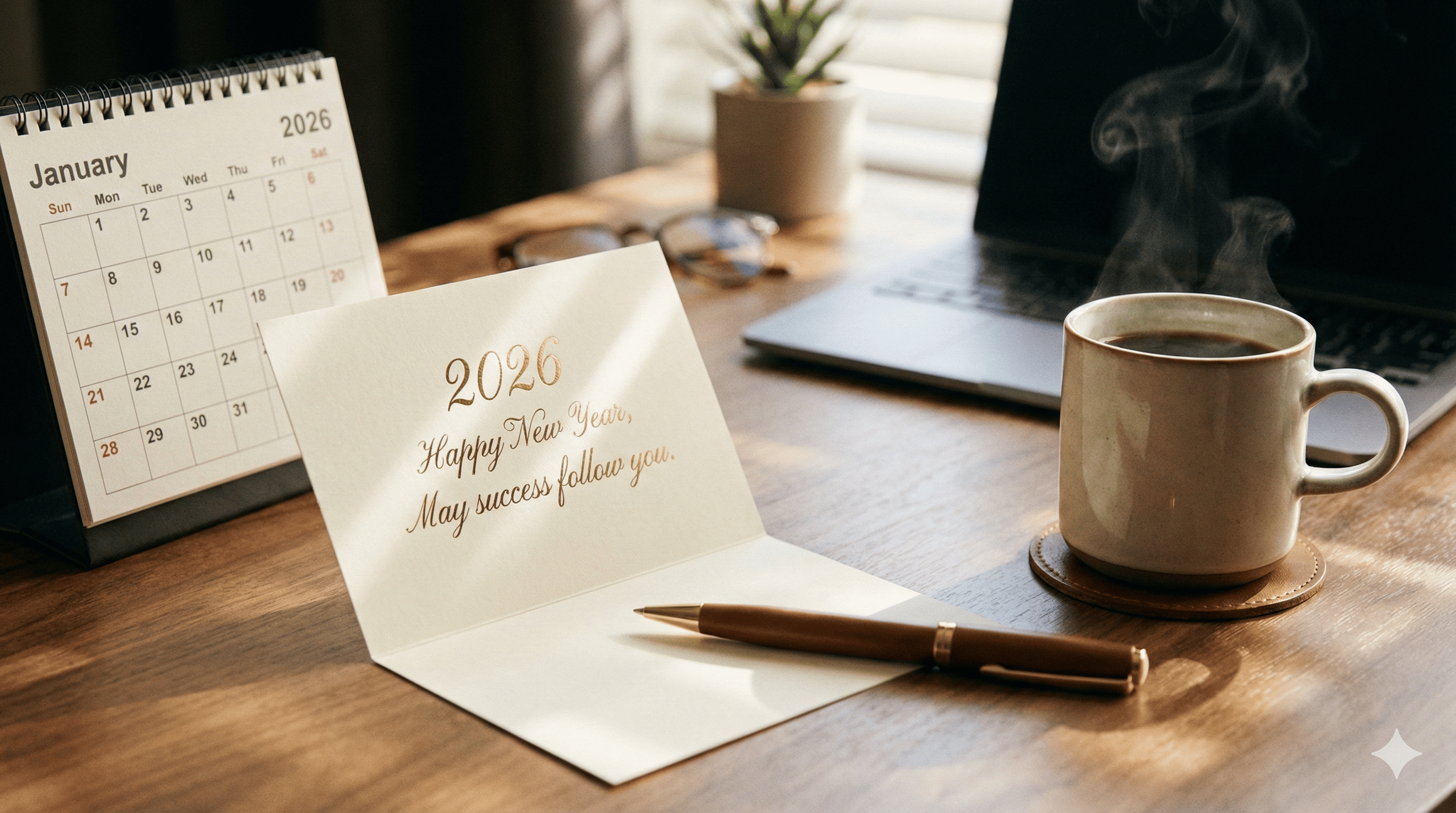 새해 카드와 다이어리가 놓인 데스크 이미지
