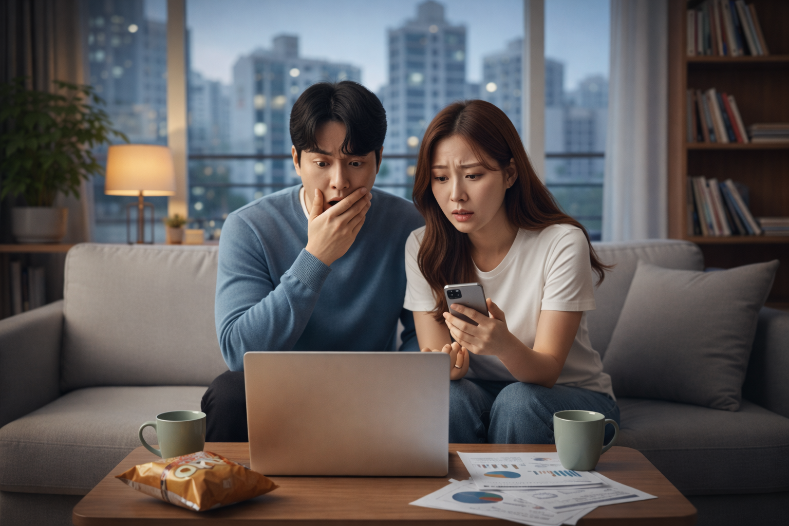 남여가 노트북을 보며 놀란다