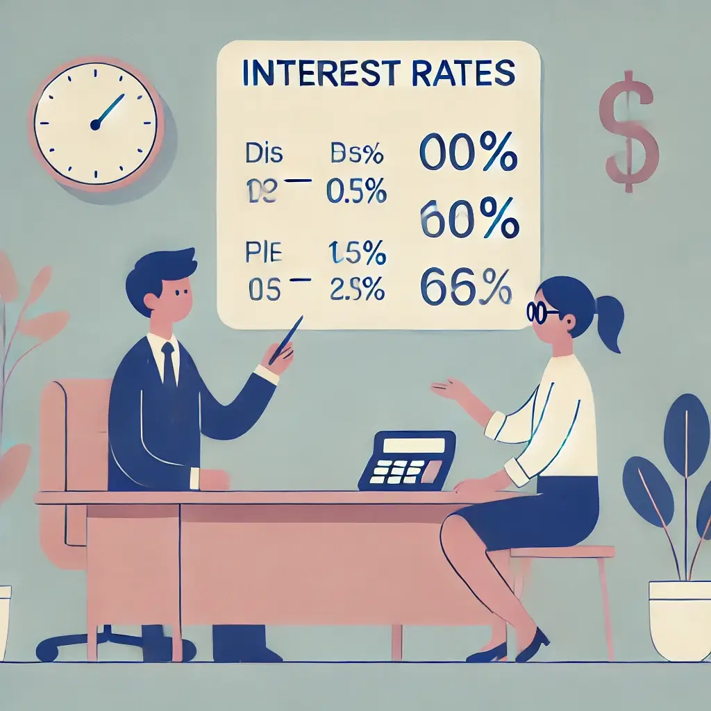 은행원이 이율을 설명하는 모습.