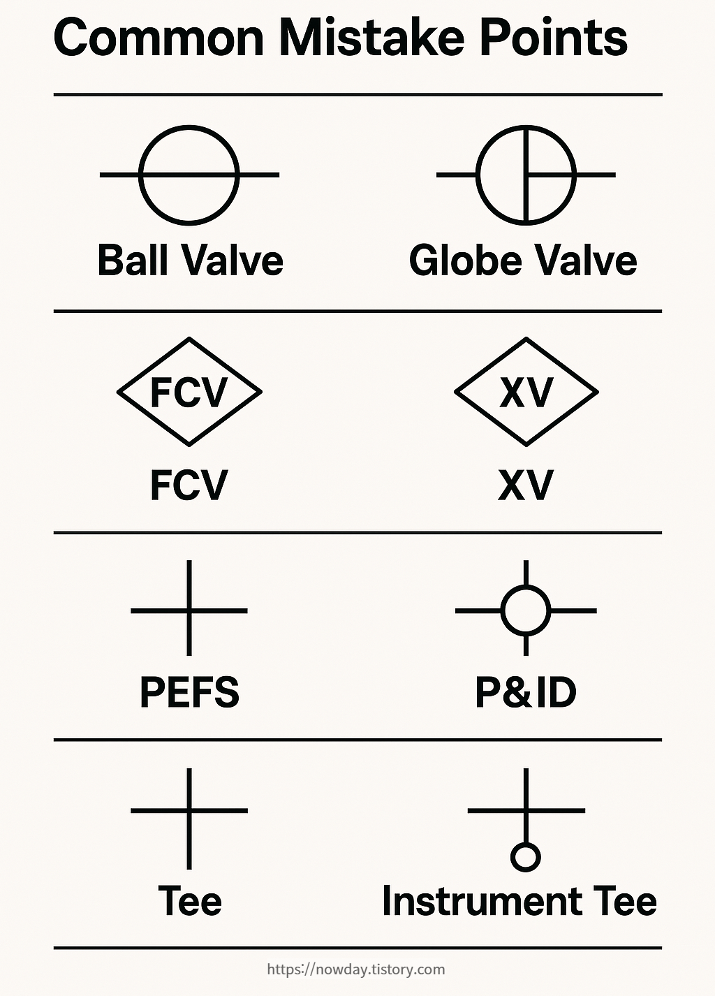 Digital chart showing commonly confused P&amp;ID elements like Ball vs Globe Valve and PSV vs PRV with clarification tips