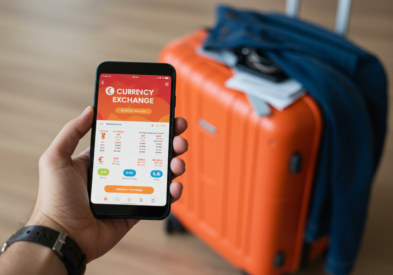 스마트폰으로 환전 신청하는 손과 그 뒤로 보이는 여행 가방