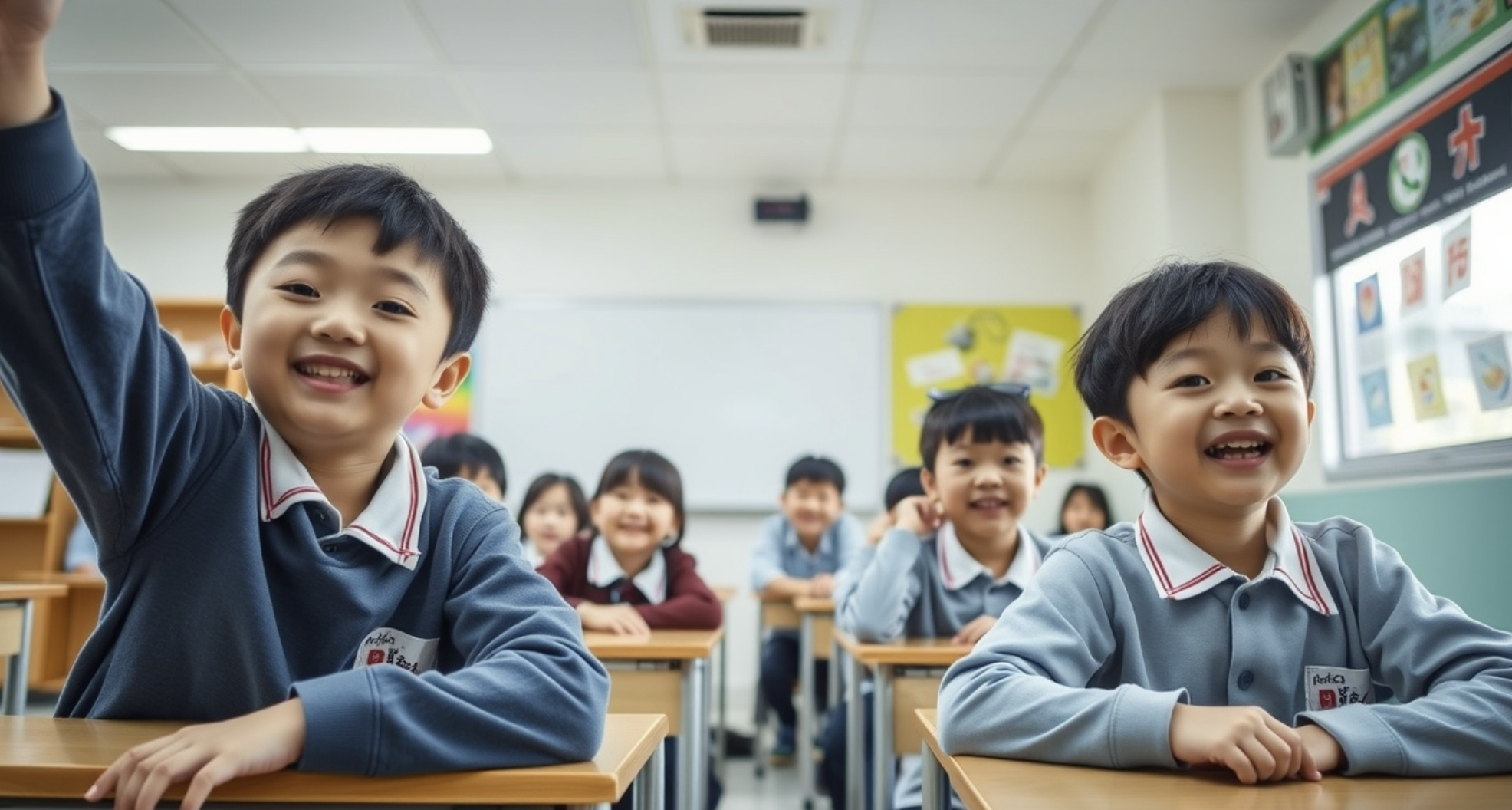 Students brighten up in a primary school classroom in South Korea