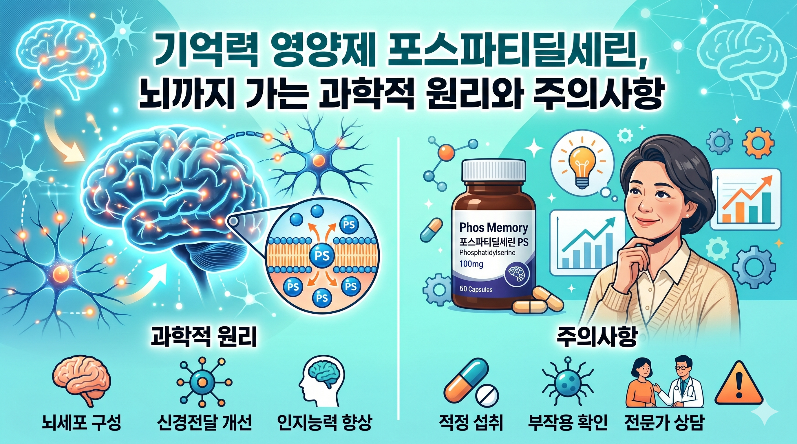 기억력 영양제 PS의 흡수 이행과 섭취시 주의사항을 예고하는 블로그 섬네일 이미지