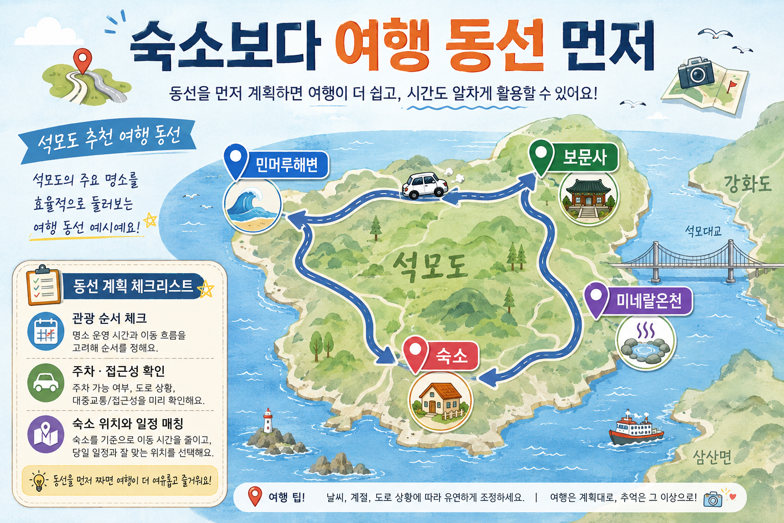석모도 펜션 민머루해변 보문사 미네랄온천 여행 동선 지도