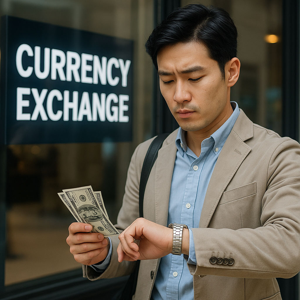 환전소 앞에서 달러를 들고 시계를 확인하는 남성