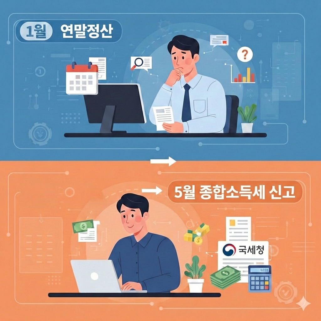 책상 앞에 앉아 고민하는 직장인의 모습 위로 1월 연말정산 아이콘이 있고, 아래에는 5월 종합소득세 신고를 위해 노트북으로 홈택스에 접속하여 소득을 합산하는 모습이 대조적으로 그려진 일러스트. 두 과정의 행정적 분리 구조를 나타냄.