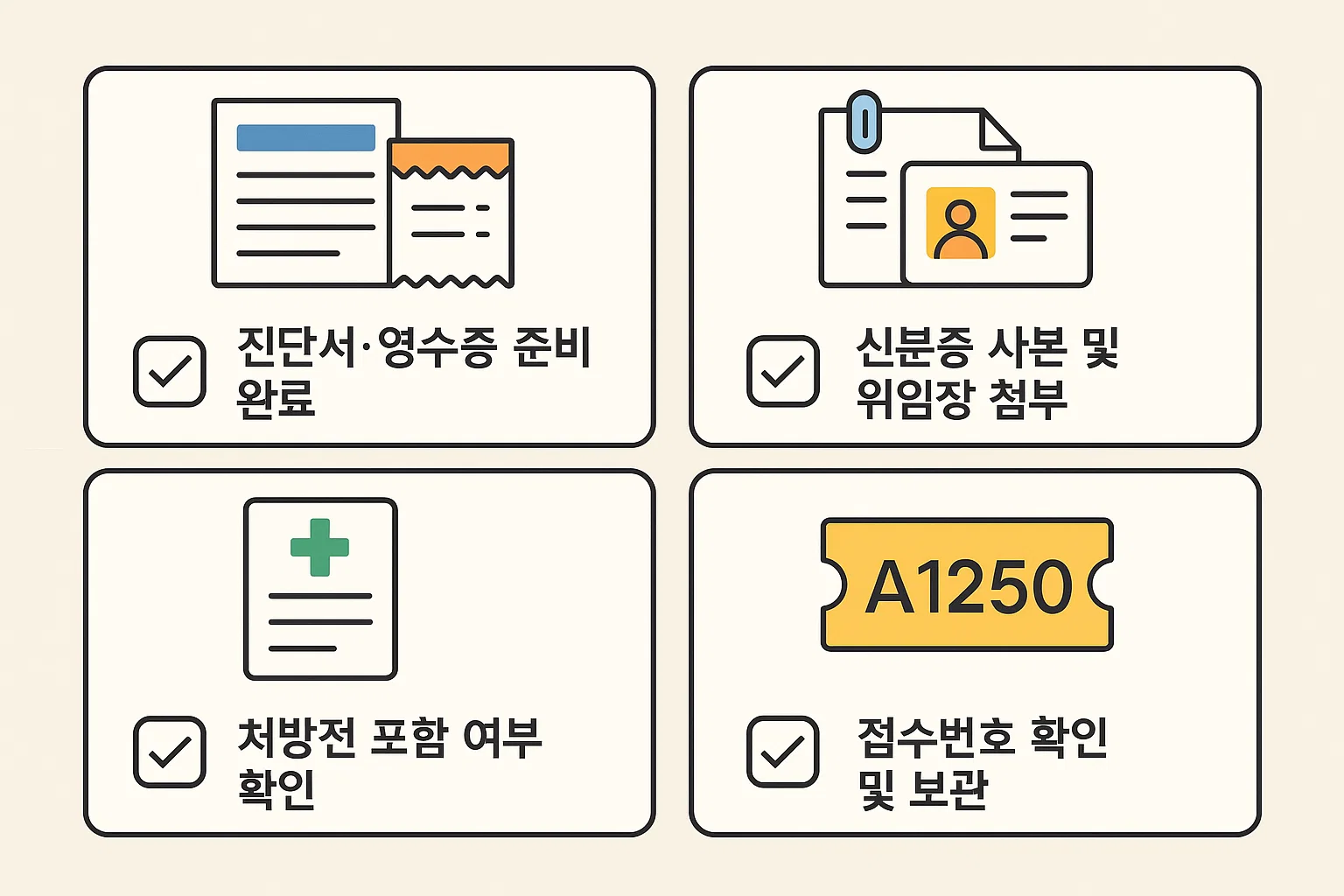 실비보험 청구 전 진단서와 영수증 준비, 신분증 사본 첨부, 처방전 포함 여부, 접수번호 확인 등 빠른 보험금 수령을 위한 단계별 체크리스트를 안내하는 인포그래픽입니다.