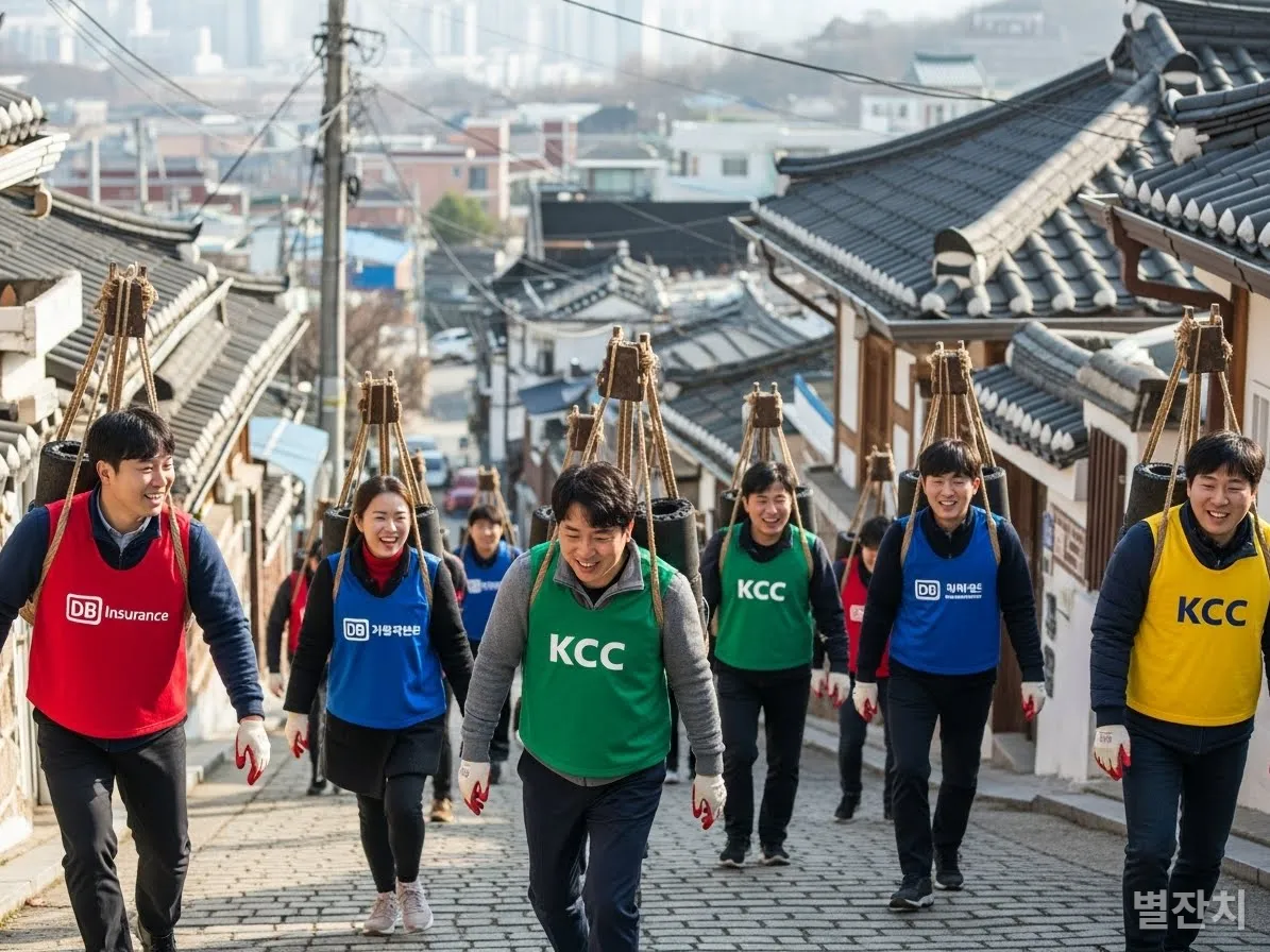 지게를 지고 연탄 배달 봉사를 하며 웃고 있는 한국 기업 자원봉사자들