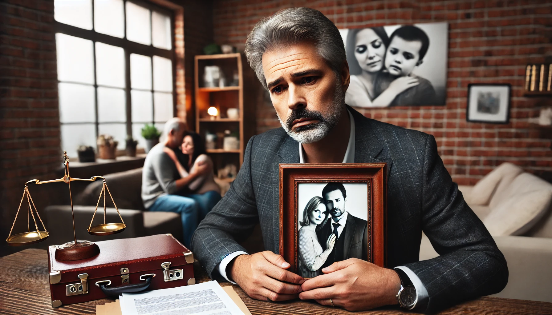 사실혼배우자 사망으로 슬픔에 잠긴 채 배우자의 사진을 안고 있는 중년 남성 사진