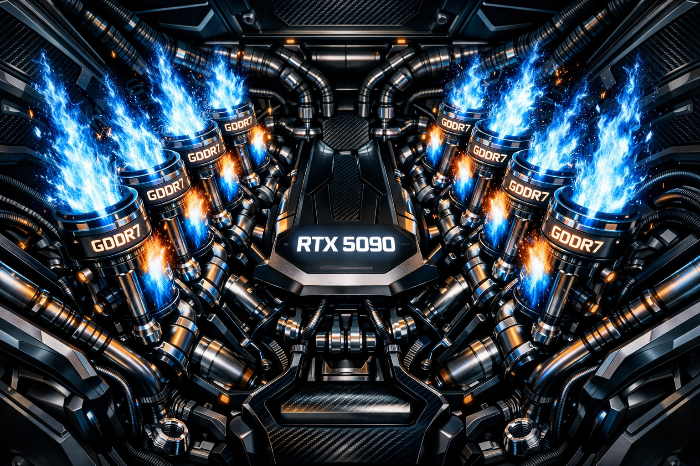 GDDR7 메모리의 강력한 대역폭과 속도를 슈퍼카 엔진에 비유한 RTX 5090 이미지
