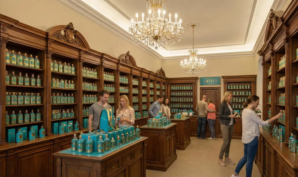 쾰른 4711 향수 본점 내부의 화려한 진열대와 클래식한 향수병들