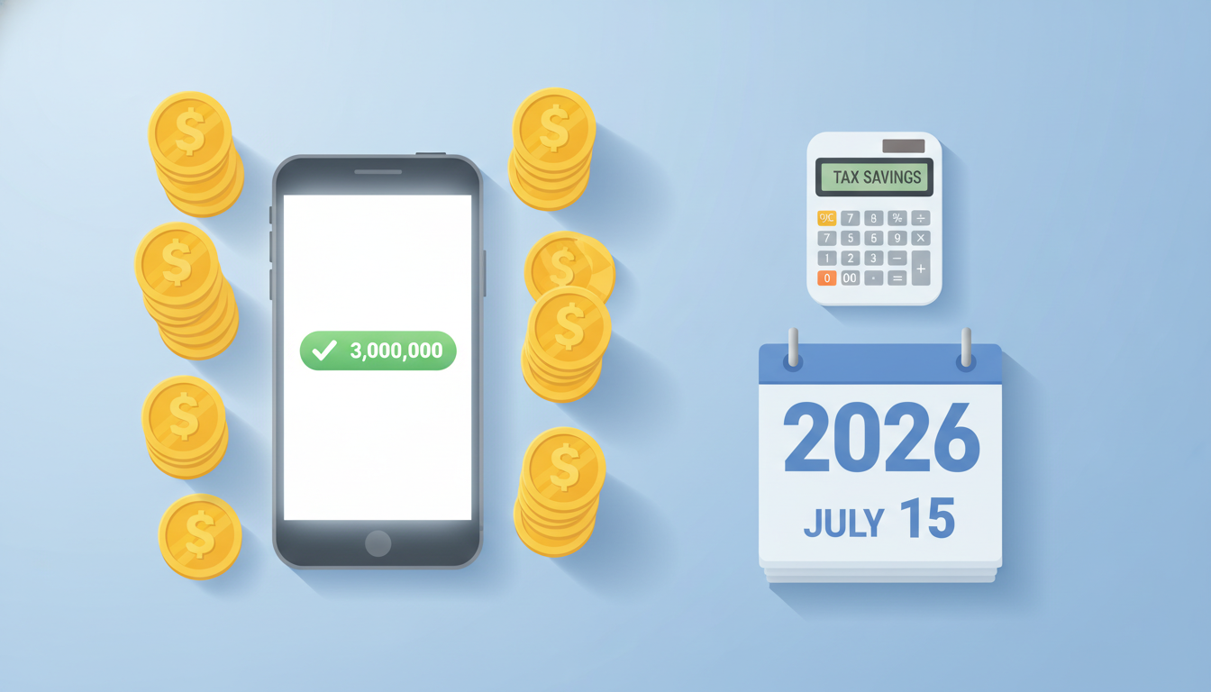 2026년 근로자녀장려금 모바일 신청 및 300만 원 환급을 나타내는 일러스트