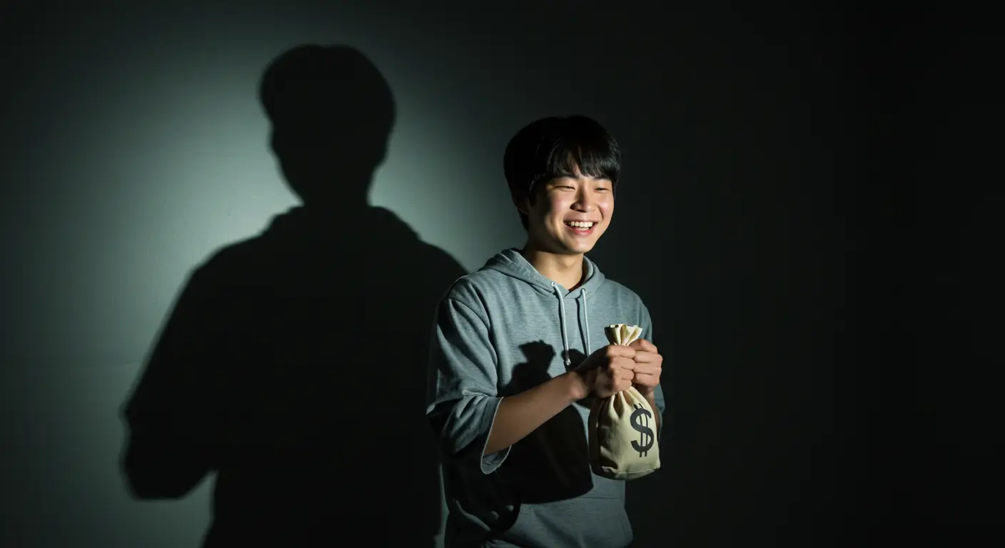 작은 현금을 받고 기뻐하는 사람 뒤로 거대하고 어두운 빚의 그림자가 드리워진 모습